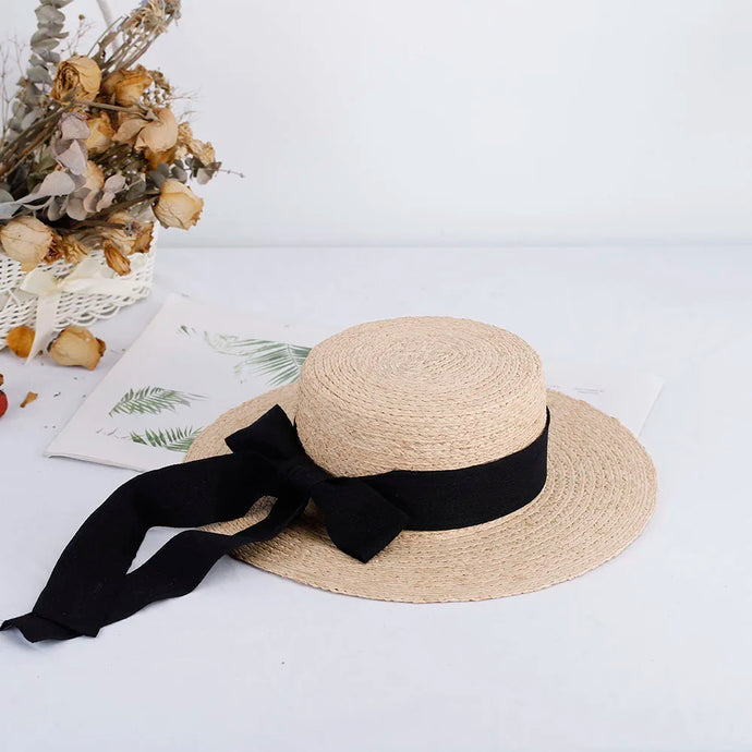 Straw Hat With Wide Black Adjustable Ribbon
