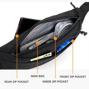 Crossbody Bag, 4 Zippered Pockets, Headphone Outlet, 20-50" Adjustable Belt