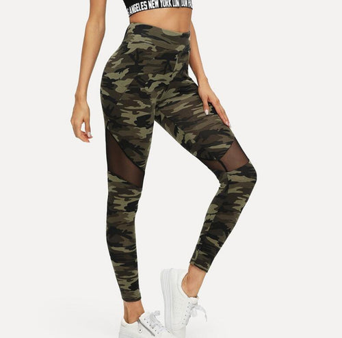 Women's Camo Print Leggings of Breathable Spandex with Mesh Insert