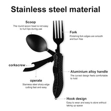 Load image into Gallery viewer, picure of  Outdoor Folding Knife, Fork &amp; Spoon Set with identification of each feature
