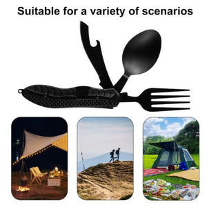 portable outdoor folding knife, fork & spoon with photos of outdoor scenarios