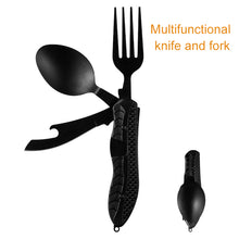 Load image into Gallery viewer, picture of Outdoor Folding Knife, Fork &amp; Spoon Set in black and folded positions
