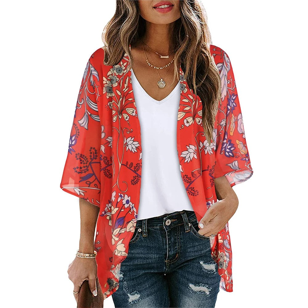 Open Front Cover Up Red Orange Floral