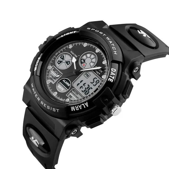 Kids Waterproof Analog Watch LED Multifunction Black