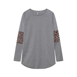 Leopard Print Colorblock Long Sleeve Top Casual Pullover