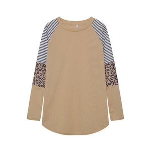 Leopard Print Colorblock Long Sleeve Top Casual Pullover