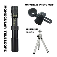 Load image into Gallery viewer, Diagram of Picture of Camera Lens, Phone Clip and Tripod
