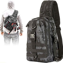 Load image into Gallery viewer, Fishing Tackle Waterproof Backpack with Rod Holders and picture of man wearing it in sling position
