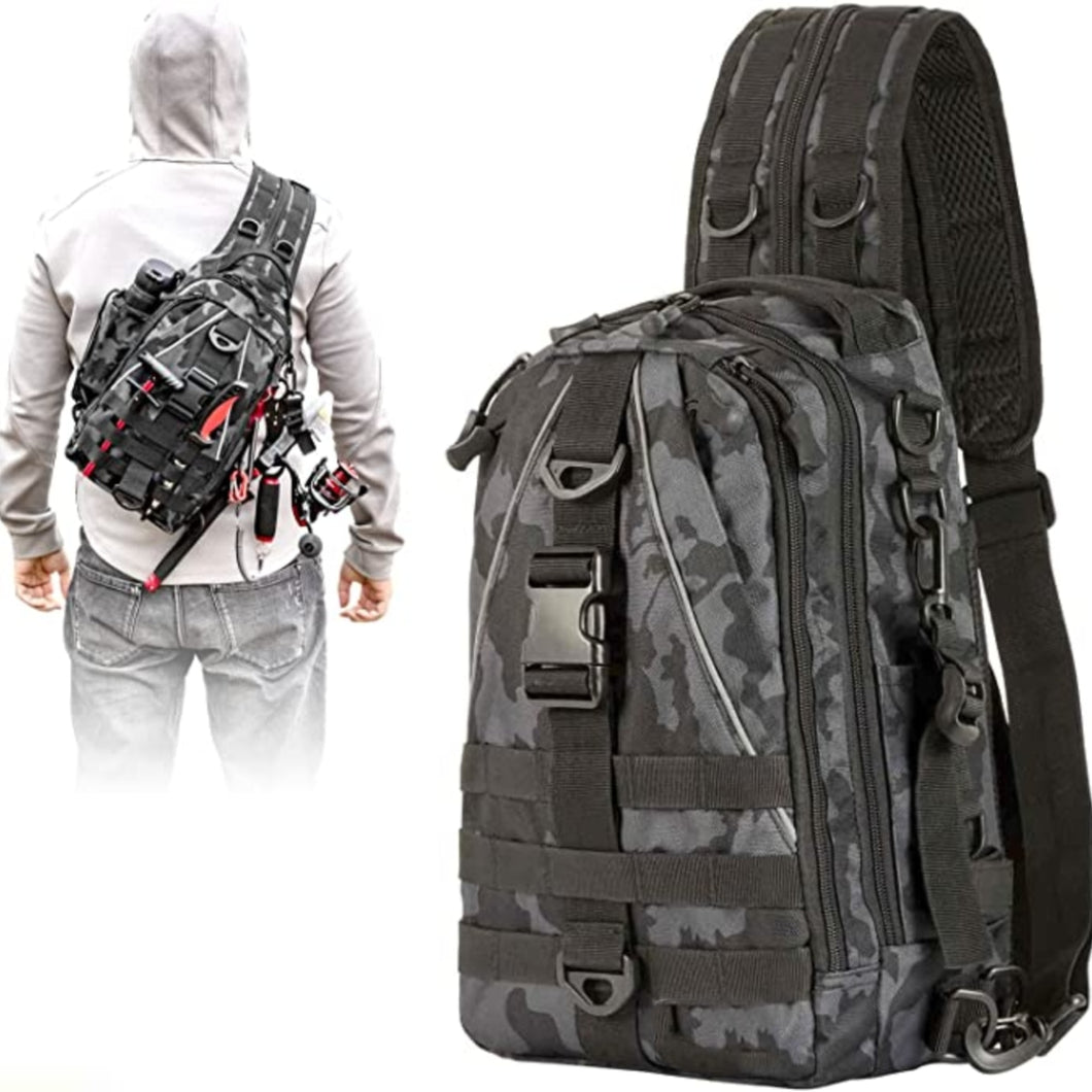 Fishing Tackle Waterproof Backpack with Rod Holders and picture of man wearing it in sling position