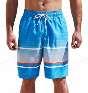 blue, white and orange striped men's board shorts