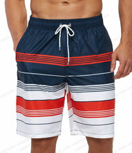 Load image into Gallery viewer, Black, orange and white striped men&#39;s board shorts
