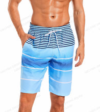 Load image into Gallery viewer, Blue White and black striped men&#39;s board shorts
