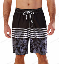Load image into Gallery viewer, Black and White striped with gray floral men&#39;s board shorts
