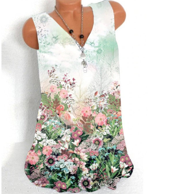 Multi color floral Sleeveless Summer Tops for Women V-Neck