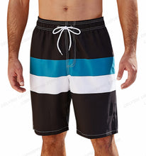 Load image into Gallery viewer, black, hite, blue and gray men&#39;s board shorts
