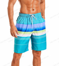 Load image into Gallery viewer, Blue, green and white striped men&#39;s board shorts
