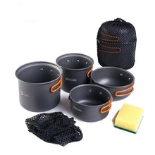Load image into Gallery viewer, 6 Piece Ultralight Camping Cookware loose and stacked within the net
