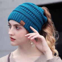 Load image into Gallery viewer, Soft Knit Ponytail Beanie Side Blue
