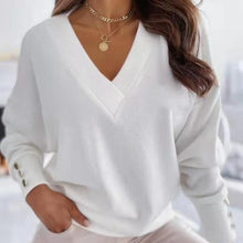 Load image into Gallery viewer, Closup of Front View White Womens Lighweight V-neck Sweater
