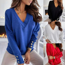 Load image into Gallery viewer, Picture of Womens Lighweight V-neck Sweater in Blue, Black, White, Red
