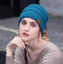 Load image into Gallery viewer, Soft Knit Ponytail Beanie Blue
