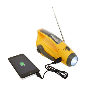 AM/FM Radio, Flashlight, Solar/Manual/USB  Power with Charging Cable and cell phone
