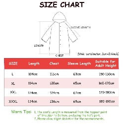 Men or Women Hooded Raincoat Size Chart