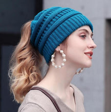 Load image into Gallery viewer, Soft Knit Ponytail Beanie Closeup Blue
