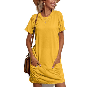 Casual T Shirt Dress With Pocket Yellow