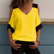 Load image into Gallery viewer, Yellow Womens Bare Shoulder V Neck Casual Summer Tops Front View
