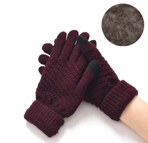 Wine Red Women's Knitted Full Finger Gloves