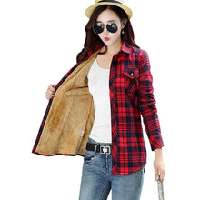 Load image into Gallery viewer, Picutre of Woman wearing the red Womens Fleece-lined Plaid Long Sleeved Blouse open to view lining
