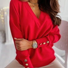 Load image into Gallery viewer, Closeup Front View of Red Womens Lighweight V-neck Sweater
