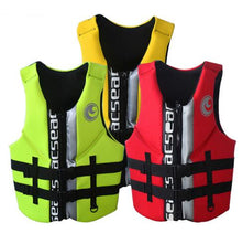 Load image into Gallery viewer, green, yellow and red neoprene life jackets
