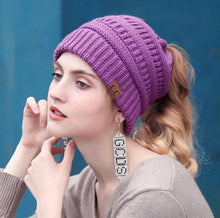 Load image into Gallery viewer, Soft Knit Ponytail Beanie Purple

