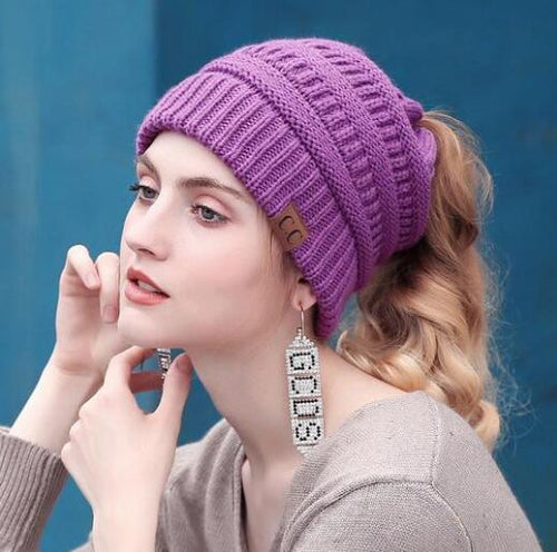 Soft Knit Ponytail Beanie Purple