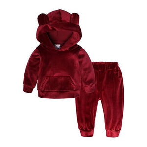 Kids Warm 2Pc "Tracksuit" Attached Hood Polyester Blend Velour Texture