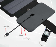 Load image into Gallery viewer, Closeup of Unfolded Solar Charger Panel with Ports, Hook and Compass

