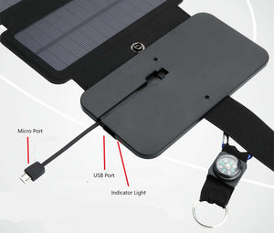 Closeup of Unfolded Solar Charger Panel with Ports, Hook and Compass