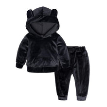 Load image into Gallery viewer, Kids Warm 2Pc &quot;Tracksuit&quot; Attached Hood Polyester Blend Velour Texture

