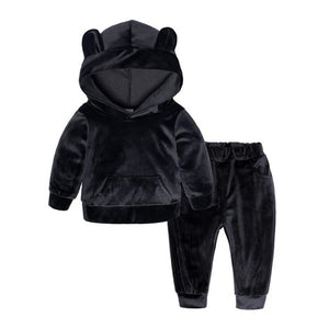 Kids Warm 2Pc "Tracksuit" Attached Hood Polyester Blend Velour Texture