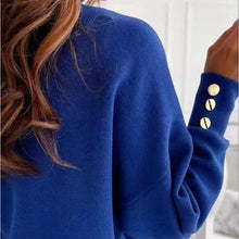 Load image into Gallery viewer, Closeup of Rear and Cuff of Blue Womens Lighweight V-neck Sweater
