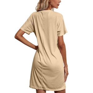 Casual T Shirt Dress With Pocket Khaki Rear View