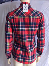 Load image into Gallery viewer, Back view of Red Womens Fleece-lined Plaid Long Sleeved Blouse
