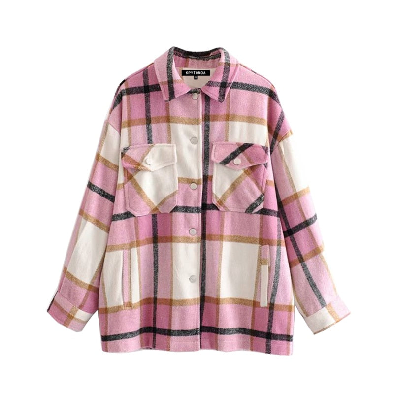 Pink Plaid Retro Loose fit Shirt With Pocket