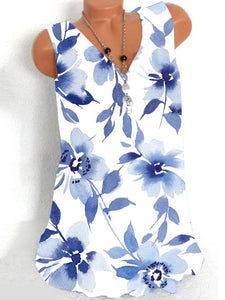 Blue Floral and White Background Sleeveless Summer Tops for Women V-Neck