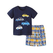 Load image into Gallery viewer, Kids 2Pc Outfit Toddler Sizes 2T - 7T Car Design Shirt &amp; Plaid Shorts
