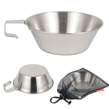 Load image into Gallery viewer, closeup of  stainless steel camping cooking bowl in and out of mesh bag
