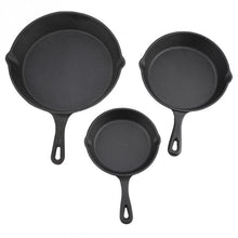 Load image into Gallery viewer, Photo array of 3 Cast Iron Skillets

