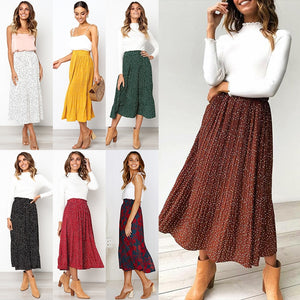 Array of Womens Pleated Dotted Midi-Length Full Skirt in 7 colors